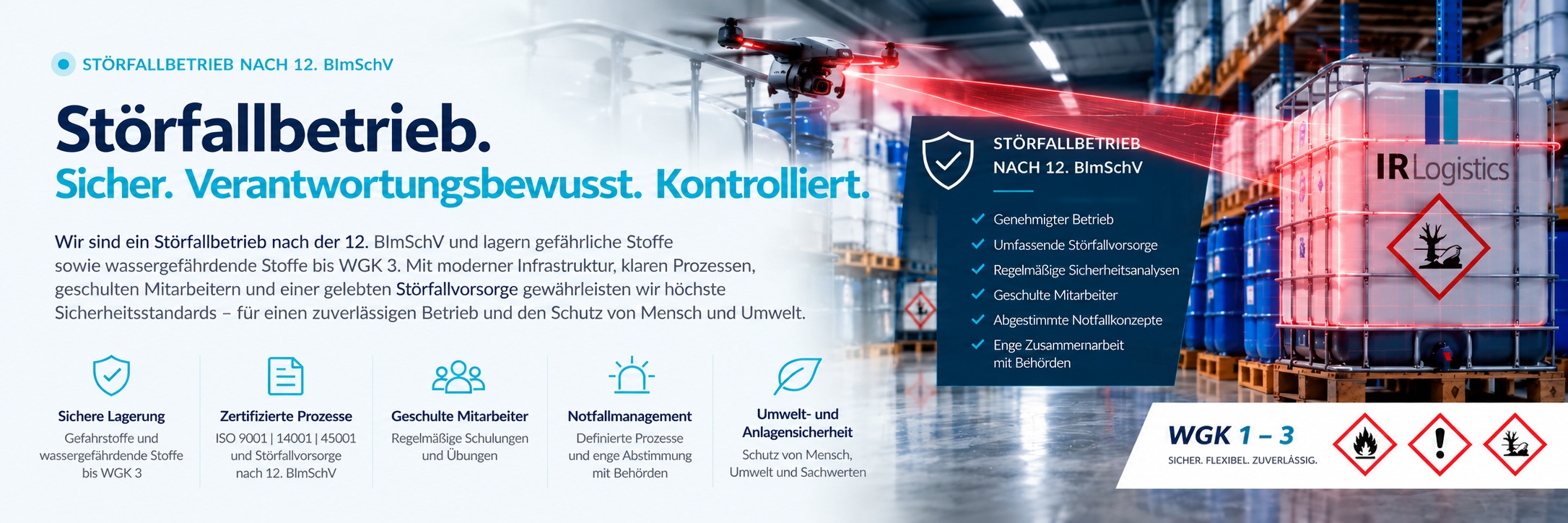 Störfallbetrieb nach 12. BImSchV am Standort Coesfeld: sichere Lagerung gefährlicher und wassergefährdender Stoffe bis WGK 3, zertifizierte Prozesse, geschulte Mitarbeiter, Notfallmanagement sowie Umwelt- und Anlagensicherheit.